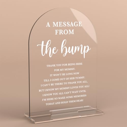 Baby in Bloom Dusch-Dekorationen, Babyparty-Schild, Geschenk für Neugeborene, Botschaft von der Bump, moderne Kalligraphie, gewölbte Acryl-Tischplatte, Schilder mit Ständer für Geschlechtsoffenbarung von KongMoTree