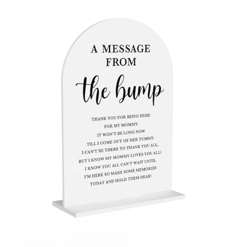 Baby in Bloom Dusch-Dekorationen, Babyparty-Schild, Geschenk für Neugeborene, Botschaft von der Bump, moderne Kalligraphie, gewölbte Acryl-Tischplatte, Schilder mit Ständer für Geschlechtsoffenbarung von KongMoTree