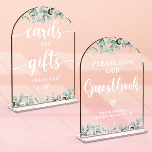 Hochzeitsschilder aus Acryl für Empfang, Brautparty, Karten und Geschenke, Gästebuchschild, Bogen, Acryl-Tischplatte mit Halter für Hochzeitsempfang (klare Eukalyptusblätter), 2 Stück von KongMoTree