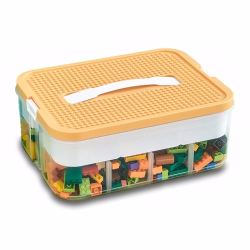 Kongming Aufbewahrungsbox mit Deckel für Lego, Transparent Sortierbox, Bausteine Boxen Kunststoff Stapelboxen mit Fächern für aufbewahrung Legosteine, Kleinteile, Handwerk (Gelb, 30,5x12,5x23cm) von Kongming