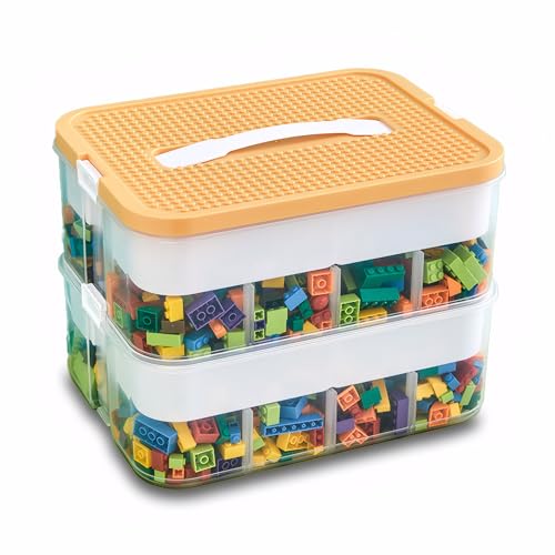 Kongming Aufbewahrungsbox mit Deckel für Lego, Transparent Sortierbox, Bausteine Boxen Kunststoff Stapelboxen mit Fächern für aufbewahrung Legosteine, Kleinteile, Handwerk (Gelb, 30,5x23x23cm) von Kongming