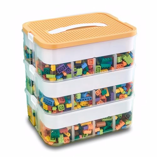 Kongming Aufbewahrungsbox mit Deckel für Lego, Transparent Sortierbox, Bausteine Boxen Kunststoff Stapelboxen mit Fächern für aufbewahrung Legosteine, Kleinteile, Handwerk (Gelb, 30,5x32,5x23cm) von Kongming