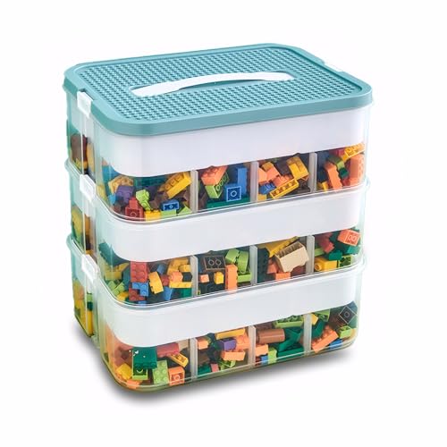 Kongming Aufbewahrungsbox mit Deckel für Lego, Transparent Sortierbox, Bausteine Boxen Kunststoff Stapelboxen mit Fächern für aufbewahrung Legosteine, Kleinteile, Handwerk (Grün, 30,5x32,5x23cm) von Kongming