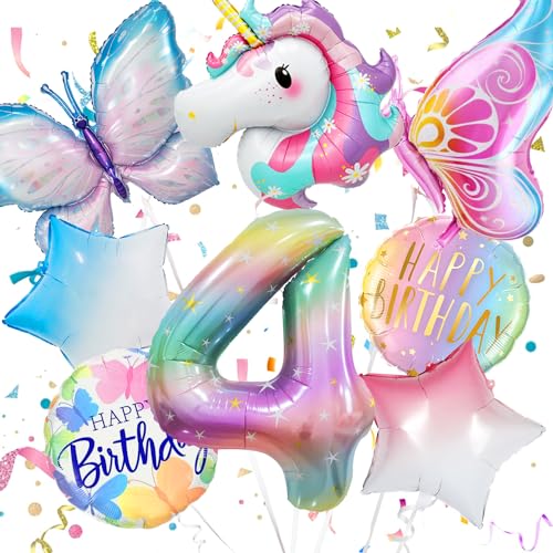 Einhorn Geburtstagsdeko 4 Jahre Mädchen, 4. geburtstag mädchen, Einhorn Luftballon 4. Geburtstag, Einhorn Deko Kindergeburtstag, Deko 4. Geburtstag, Folienballon 4 und Schmetterling Deko Geburtstag von Konoz