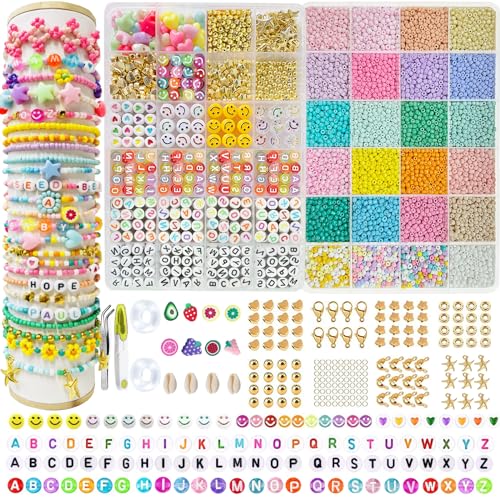 Perlen für Auffädeln, 16000+Stück Glasperlen Set, 2 Boxen Perlen Set Pastell, Schmuck Selber Machen Set, Armbänder Selber Machen Kinder, Basteln Mädchen Geschenk 4 5 6 7 8 9 Jahre von Konoz