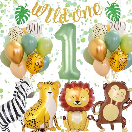 Wild One Geburtstag Deko, 1. Geburtstag Junge Mädchen, Dschungel Geburtstagsdeko 1 Jahr Junge, 1 Jahr Kindergeburtstag Deko mit Safari Luftballons 1. Geburtstag von Konoz