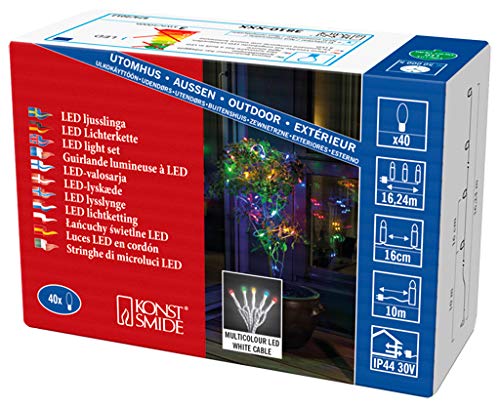 Konstsmide Micro LED Lichterkette, gefrostet, 40 bunte Dioden, 30V Außentrafo, weißes Kabel - 3810-502 von Konstsmide