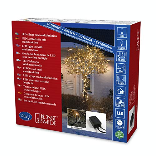 Konstsmide Micro LED Lichterkette, mit Multifunktion, 120 bernsteinfarbene Dioden, 24V Außentrafo, schwarzes Kabel - 3615-800, Bernstein von Konstsmide