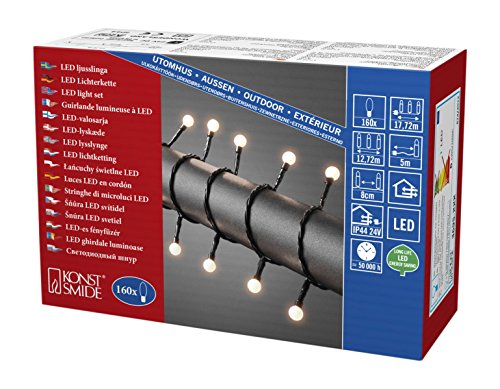 Konstsmide 3695-107 LED Globelichterkette mit kleinen runden Dioden / für Außen (IP44) / VDE geprüft / 24V Außentrafo / 160 warm weiße Dioden / schwarzes Kabel von Konstsmide
