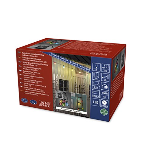 Konstsmide LED Biergartenkette, bunt, mit 6h Timer, 5 bunte Birnen / 40 warm weiße Dioden, batteriebetrieben, Außen (IP44), schwarzes Kabel, 4 x AA 1.5V (exkl.) - 2372-500 von Konstsmide