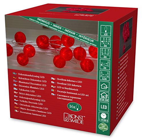 Konstsmide LED Dekolichterkette, rote Baumwollkugeln, groß, 16 rote Dioden, 24V Innentrafo, transparentes Kabel - 3136-553 von Konstsmide