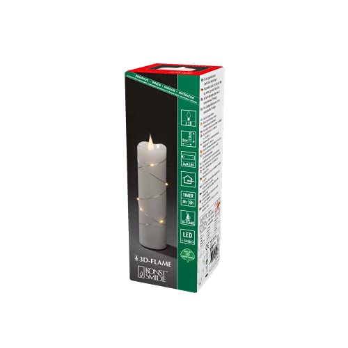 Konstsmide LED Echtwachskerze weiß, 3D Flamme, Draht umwickelt, 4/8h Timer, 1 warm weiße Diode/9 LED Tropfen, batteriebetrieben, Innen, silberfarbenes Kabel, Batterie: 2 x AA 1,5V (exkl.) - 1826-190 von Konstsmide