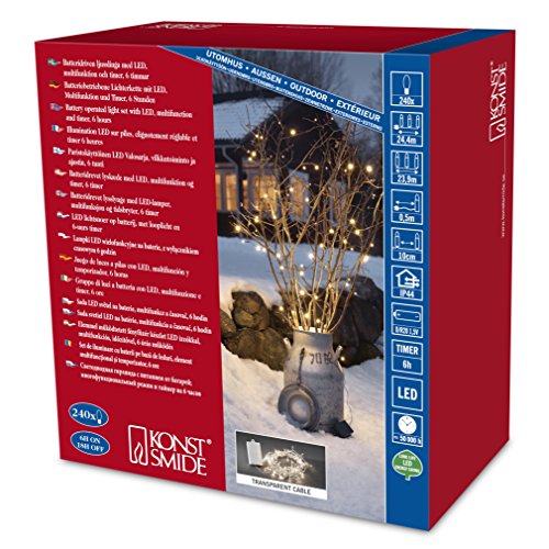 Konstsmide LED Lichterkette, mit an/aus Schalter und 6h Timer, 8 Funktionen und Memoryfunktion, 240 warm weiße Dioden, batteriebetrieben, Außen, transparentes Kabel, 4 x D 1.5V (exkl.) - 3733-103 von Konstsmide