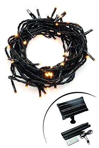 Konstsmide LED Solar Lichterkette, inkl. Fernbedienung und USB Kabel, 400 bernsteinfarbene Dioden, Außen, 8W, schwarzes Kabel, 4 x Lithium-Akku / 1 x CR2025 (inkl.) - 3618-800SP von Konstsmide