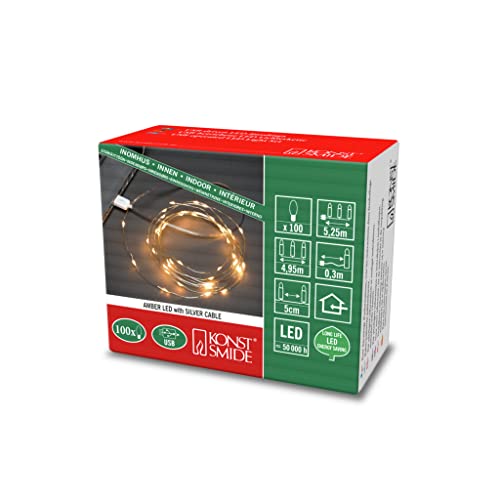 Konstsmide Micro LED Lichterkette, mit USB-Anschluss, 100 bernsteinfarbene Dioden, Innen (USB), 6,4W, silberfarbener Draht - 1771-890 von Konstsmide