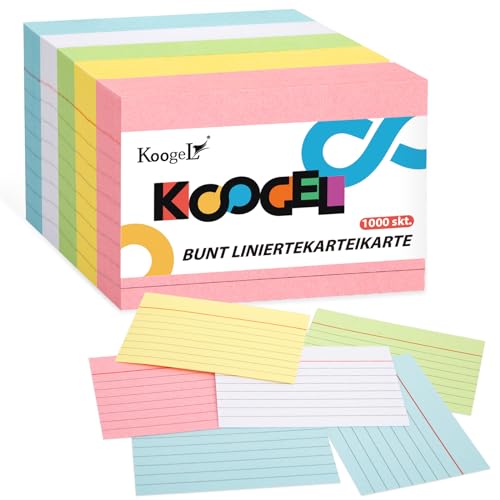 Koogel 1,000 Stücke Linierte Karteikarte, A8 Karteikarten Vokabelkarten Bunt Lernkarten Beschriftbar für Unterwegs Vokabel Lernen von Koogel