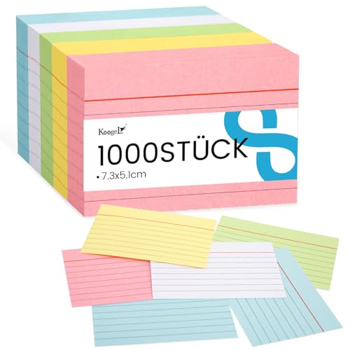 Koogel A8 Karteikarten mit 5 Farben | Lernkarten für Medizinstudium (Anatomie) & TestDaF-Aufsatz | Abitur-Vokabel lernen(1000er Set 7.3x5.1cm) von Koogel