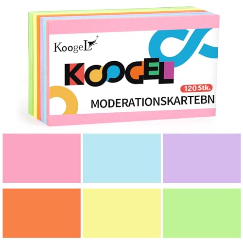 Koogel 120 Blätter Blanko Karteikarten, Lernkarten Moderationskarten 6 Farben farbig sortiert Rechteckig 12,5 cm x 7,5 cm für Vokabel Lernen Büro Schule Präsentation Moderation von Koogel