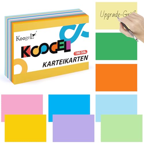 Koogel 180 Blätter Blanko Karteikarten, A6 Lernkarten Moderationskarten 9 Farben farbig sortiert Rechteckig für Vokabel Lernen Büro Schule Präsentation Moderation (15cm x 10cm) von Koogel