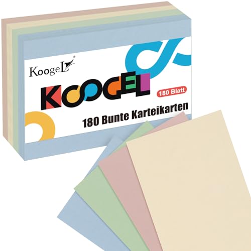 Koogel 180 Stück Karteikarten, 12,7x7,6cm Karteikarten Bunte Karteikarten Lernkarten für Schule Lernen Büro Spielkarten von Koogel