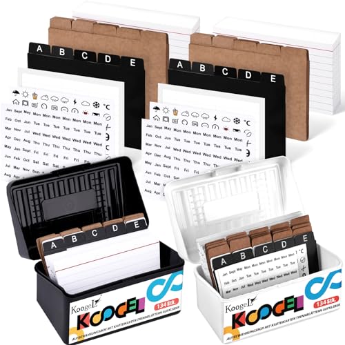 Koogel 2 Stück Karteikasten Schwarz und Weiß, 8 x 9 x 14,5 cm Karteikarten Box mit 200 Blatt 7,5 x 12,5cm Karteikarten, 60 Stück Karteiregister und 6 Blatt Aufkleber von Koogel
