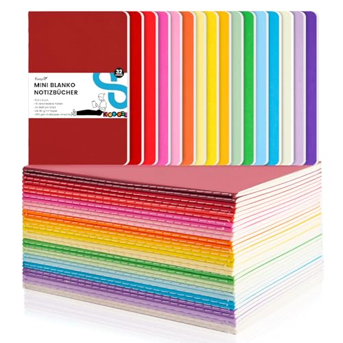 Koogel 32 Stück Kleine Blanko Notizbücher, Notizbuch Journal Tagebuch Notizblöcke Schulhefte 14cm x 9cm Notizbücher mit Kraftpapier-Einband 16 Farben von Koogel