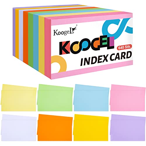 Koogel 640 Stück Blanko Karteikarten, Lernkarten Moderationskarten 8 Farben farbig sortiert Rechteckig 12,5 x 7,5 cm für Spielkarte Büro Schule Präsentation Vortrag von Koogel