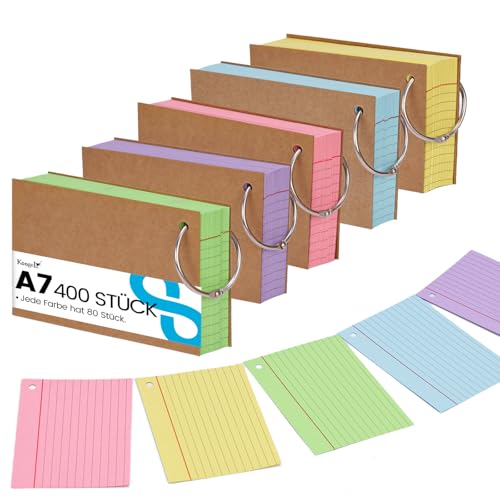 Koogel A7 Karteikarten mit 5 Farben | Lernkarten für Medizinstudium (Anatomie) & TestDaF-Aufsatz | Abitur-Vokabel lernen(400er Set 10.5x7.4cm mit Metallringen) von Koogel