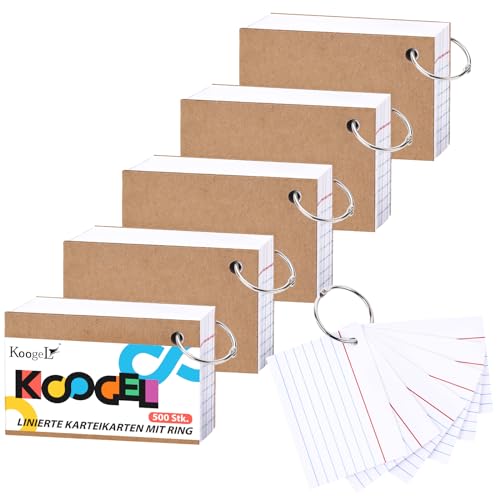 Koogel A8 Linierte Karteikarte, 500 Stück Karteikarten mit Ring in der praktischen Lernbox Vokabelkarten für Unterwegs Vokabel Lernen von Koogel