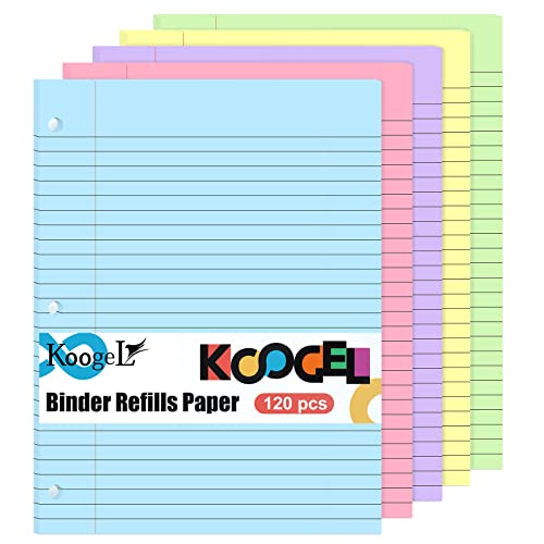 Koogel Binder Nachfüllpapier, 120 Blatt Liniertes Füllpapier 3 Löcher Stanzer für A4 A5 Notizbuch Binder Planer Schule Büro 5 Farben von Koogel