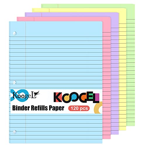 Koogel Binder Nachfüllpapier, 120 Blatt liniertes Füllpapier 3 Locher für A4 Notizbuch Binder Planer Schule Büro 5 Farben von Koogel