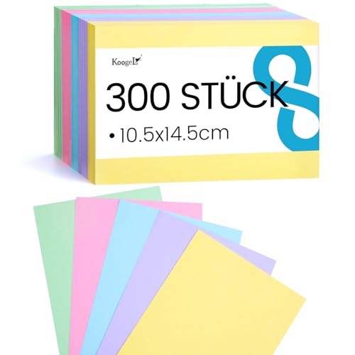 Koogel Karteikarten A6 blanko, 300 Stück in 5 Farben, Lernkarten für Notizen, Anatomie, TestDaF, Abitur, 10.5 x 14.8 cm von Koogel