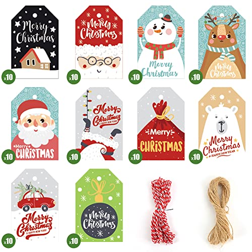Koogel Geschenkanhänger für Weihnachten, 100 Stück 10 Verschiedene Designs Geschenkanhänger Etiketten mit 20M Schnuren für Weihnachten Dekoration 7 x 4.5cm von Koogel