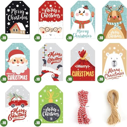 Koogel Geschenkanhänger für Weihnachten, 100 Stück 10 Verschiedene Designs Geschenkanhänger Etiketten mit 20M Schnuren für Weihnachten Dekoration 7 x 4.5cm von Koogel