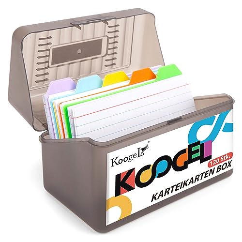 Koogel Karteikarten Box, Lernkarteibox Karteikasten für 300 Karten A7 A8, Karteibox Lernbox inkl. 10 Tabs und 100 Lernkarten von Koogel
