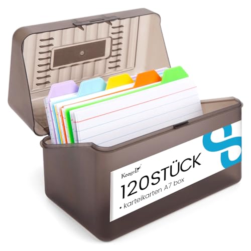 Koogel Karteikasten Premium-Lernbox | 100 Lernkarten + 10 Farbtabs | DIN A7 Vokabeltrainer mit 300 Karten Kapazität – Ideal für Prüfungsvorbereitung & Sprachstudium von Koogel