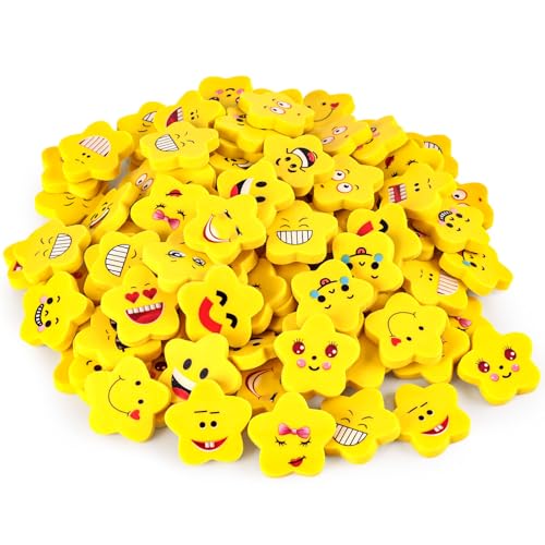 KOOGEL Lachgesicht Radiergummis,Sternförmige, 100 Stück Gelbe Radiergummis, Ideal für Kinder, Schüler, Gastgeschenke & Geburtstage von Koogel