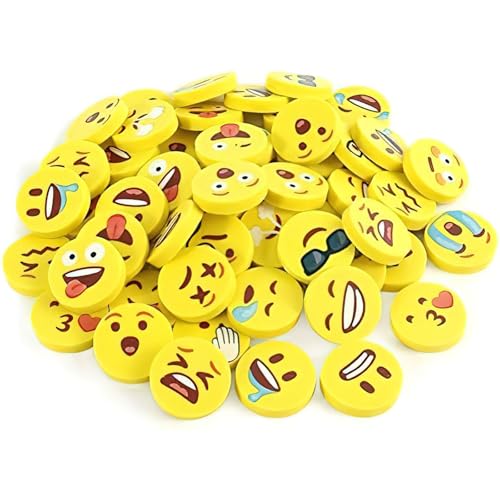KOOGEL Runde Lachgesicht Radiergummis, 60 Stück Gelbe Radiergummis, Ideal für Kinder, Schüler, Gastgeschenke & Geburtstage von Koogel