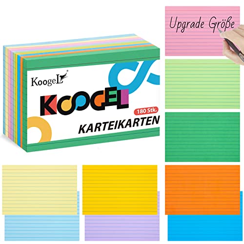Koogel Linierte Karteikarte, 180 Blätter Lernkarten A6 Karteikarten 9 Farben für Unterwegs Vokabel Lernen Büro Schule Präsentation (15cm x 10cm) von Koogel