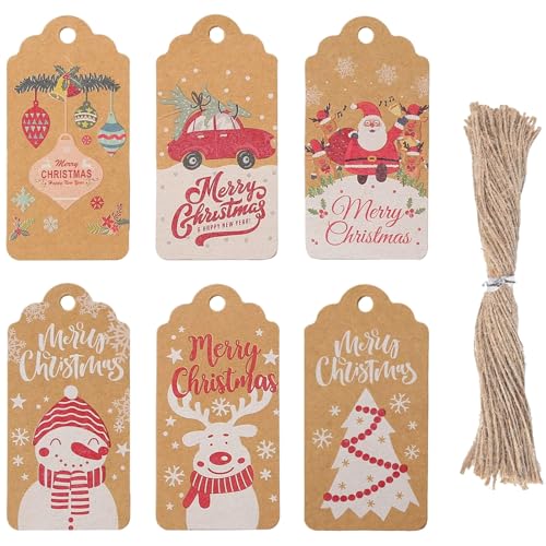 Koogel Weihnachten Geschenkanhänger, 120 Stück Kraftpapier Etiketten mit 1 Rolle Schnur für Weihnachten Dekoration Geschenkverpackung 4 x 8 cm von Koogel