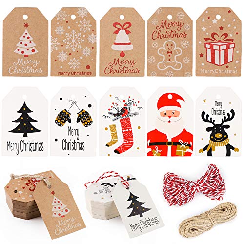 Koogel Weihnachten Kraftpapier Etiketten, 100 Stück 10 Verschiedene Designs Geschenkanhänger Etiketten mit 20M Schnuren für Weihnachten Dekoration 7 x 4.5cm von Koogel
