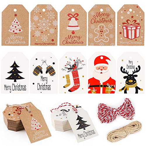 Koogel Weihnachten Kraftpapier Etiketten, 100 Stück 10 Verschiedene Designs Geschenkanhänger Etiketten mit 20M Schnuren für Weihnachten Dekoration 7 x 4.5cm Koogel Weihnachten Kraftpapier Etiketten, 100 Stück 10 Verschiedene Designs Geschenkanhänger Etiketten mit 20M Schnuren für Weihnachten Dekoration 7 x 4.5cm von Koogel
