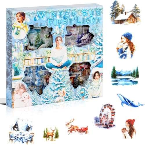 Koolenry 100 Blatt Winter-Scrapbook-Aufkleber für Scrapbooking-Zubehör, 100 Blatt Transparente PET-Landschafts-Tagebuchaufkleber von Koolenry