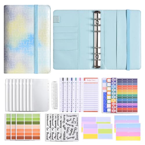 Liemuao Budget Planner,Budget Binder A6 Ringbuch Binder Taschen ​mit Budgetblätter,Etikettenaufklebern Marmor-Leder Sparbuch für Reisen,Tagebuch und Geschenk (Blau) von Koomuao