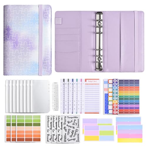 Liemuao Budget Planner,Budget Binder A6 Ringbuch Binder Taschen ​mit Budgetblätter,Etikettenaufklebern Marmor-Leder Sparbuch für Reisen,Tagebuch und Geschenk (Lila) von Koomuao