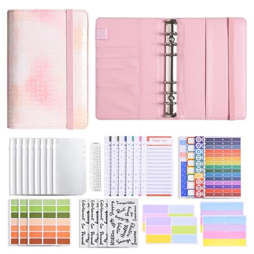 Liemuao Budget Planner,Budget Binder A6 Ringbuch Binder Taschen ​mit Budgetblätter,Etikettenaufklebern Marmor-Leder Sparbuch für Reisen,Tagebuch und Geschenk (Rosa) von Koomuao