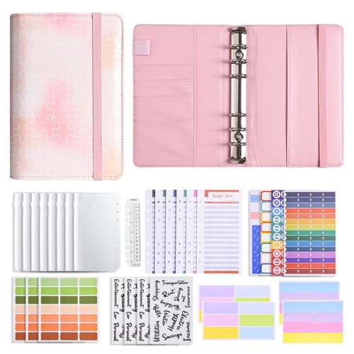 Liemuao Budget Planner,Budget Binder A6 Ringbuch Binder Taschen ​mit Budgetblätter,Etikettenaufklebern Marmor-Leder Sparbuch für Reisen,Tagebuch und Geschenk (Rosa) von Koomuao