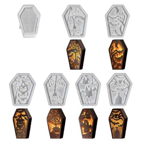 Halloween Silikonformen Gießformen Geschenkbox, 7Pcs Kürbis Fledermaus Spinne Geist Sarg Gipsformen zum Gießen, Coffin Box Resin Mold für DIY Schmuckschatulle mit Deckel (Silhouette) von Koonafy