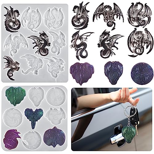 Koonafy 2 Stück Drachen Schlüsselanhänger Silikonform Tiere Anhänger Schmuck Epoxidharz Dragon Resin Keychain Mold für DIY Schlüsselanhänger Halsketten Schmuck Bastelarbeiten von Koonafy