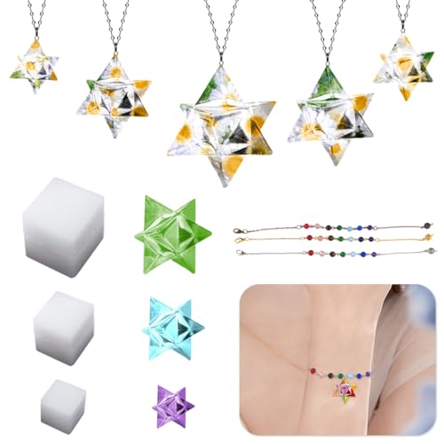 Koonafy 3 Stück Hexagramm Anhänger Silikonformen + 3 Stück Schmuckkette, Epoxidharz Facettierte Kristall Silikonform Geometrie für DIY Schmuck Halskette Ohrringe Schlüsselanhänger von Koonafy